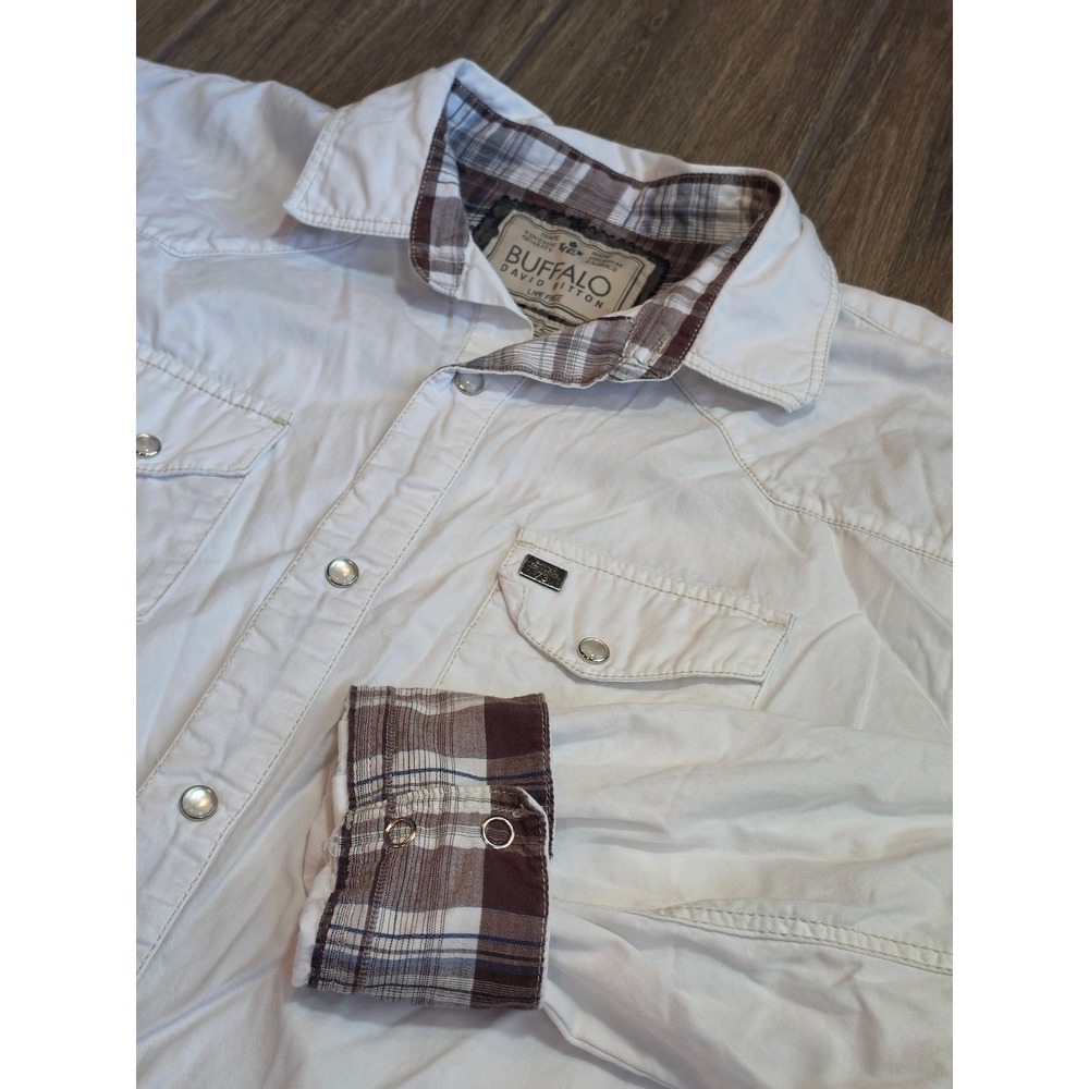 Buffalo David Bitton Mens XL White Pearl Snap Button Down Shirt Plaid Trim